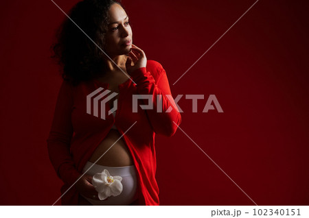 Beauty portrait of dark-haired ethnic pregnant adult woman with white orchid flower, holding her hand near her face, dreamily looking aside, posing bare belly, isolated on red background. Copy space Beauty portrait of dark-haired ethnic pregnant adult woman with white orchid flower, holding her hand near her face, dreamily looking aside, posing bare belly, isolated on red background. Copy space 102340151