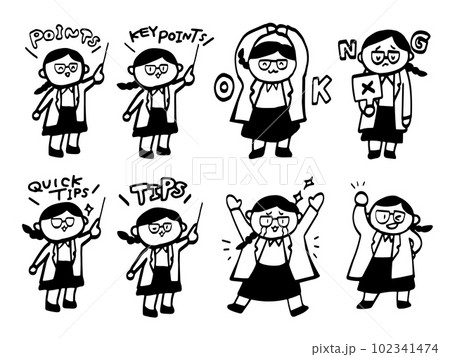 白衣を着た女性のコミカルでかわいい全身イラストコレクション。白黒イメージ 白衣を着た女性のコミカルでかわいい全身イラストコレクション。白黒イメージ 102341474