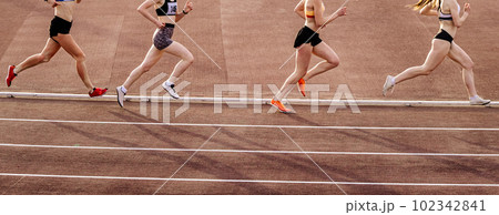 four female athlete runners middle-distance running race, summer athletics championships four female athlete runners middle-distance running race, summer athletics championships 102342841