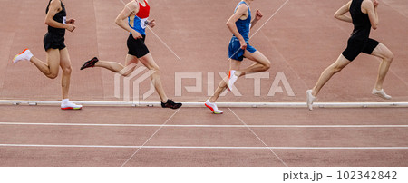 four male athlete runners middle-distance running race, summer athletics championships 102342842