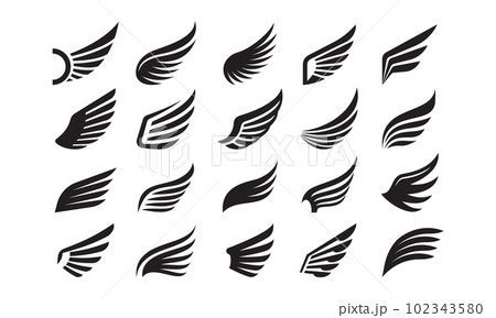 Wings icons. Angel bird eagle wing and feather emblem, simple hawk silhouette heraldic symbol. Minimal dove freedom vintage tattoo vector set Wings icons. Angel bird eagle wing and feather emblem, simple hawk silhouette heraldic symbol. Minimal dove freedom vintage tattoo vector set 102343580