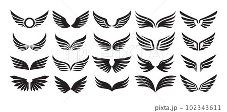 Wings emblem. Retro bird tattoo angel wing icon, military heraldic symbols. Flying eagle logo vector winged label isolated set Wings emblem. Retro bird tattoo angel wing icon, military heraldic symbols. Flying eagle logo vector winged label isolated set 102343611