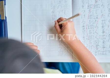 家で漢字の練習をする小学生の男の子 家で漢字の練習をする小学生の男の子 102344264
