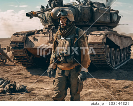 A man wearing a helmet standing in front of a tank, a portrait war movie scene ww2 in full military garb. AI generated, AI generativ. 102344825