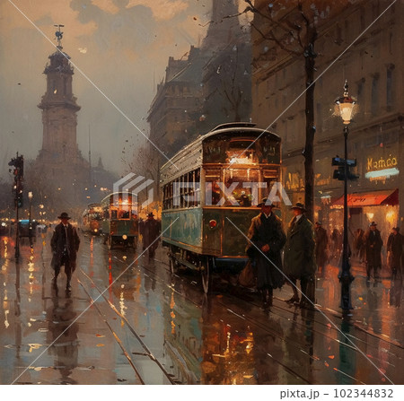A painting of people walking on a city street on american impressionism trams. AI generated, AI generativ 102344832