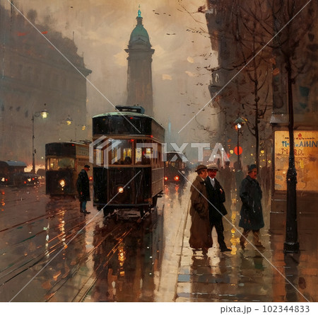 A painting of people walking on a city street on american impressionism trams. AI generated, AI generativ 102344833