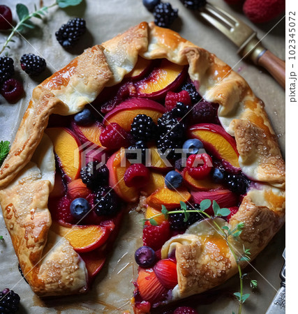 Summer berry and peach galette, AI generated, AI generativ. 102345072