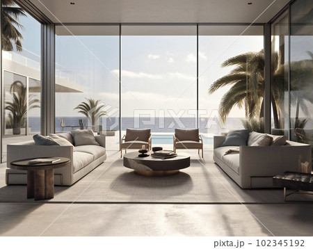 A living room filled with furniture next to the ocean a digital rendering with glass wall, AI generated, AI generativ. A living room filled with furniture next to the ocean a digital rendering with glass wall, AI generated, AI generativ. 102345192
