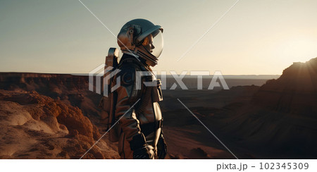 A woman astronaut in a space suit and a helmet on the planet Mars looks into the Martian sky, AI generated, AI generativ. 102345309