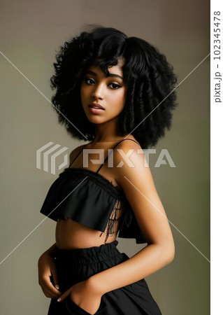 A photo of a beautiful blck woman with black curly hair, AI generated, AI generativ, AI generated. 102345478