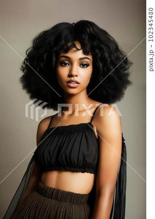 A photo of a beautiful blck woman with black curly hair, AI generated, AI generativ, AI generated. 102345480