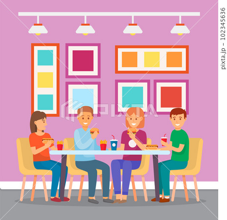 Friends eating in a cafe or mcdonalds. Fast food restaurant. Eating Out. Cafe interior. Flat image Friends eating in a cafe or mcdonalds. Fast food restaurant. Eating Out. Cafe interior. Flat image 102345636