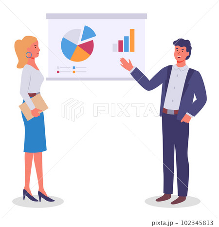 Businessmen give a presentation and show a diagram. Managers present a business plan illustration 102345813