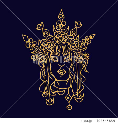 Mystery girl with flower crown Hand draw boho fantasy portrait for poster or t-shirt Mystery girl with flower crown Hand draw boho fantasy portrait for poster or t-shirt 102345839