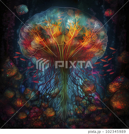 Lysergic arboreal subatomic particlescape in resplende, AI generated, AI generative. Lysergic arboreal subatomic particlescape in resplende, AI generated, AI generative. 102345989