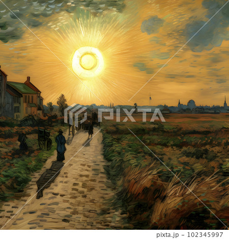 The picture of the sunset over the field made with oil paints in rough strokes, AI generated, AI generative. The picture of the sunset over the field made with oil paints in rough strokes, AI generated, AI generative. 102345997