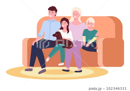 Portrait of four member family posing together smiling happy, mother, father, sun and daughter Portrait of four member family posing together smiling happy, mother, father, sun and daughter 102346331