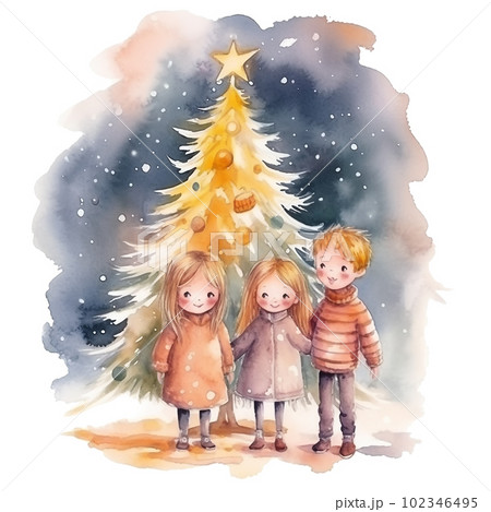 Happy children stand near the Christmas tree....のイラスト素材