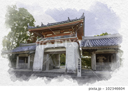 水彩画風 四国八十八箇所6番 安楽寺 仁王門 徳島県上板町 水彩画風 四国八十八箇所6番 安楽寺 仁王門 徳島県上板町 102346604
