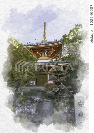 水彩画風 四国八十八箇所6番 安楽寺 多宝塔 徳島県上板町 水彩画風 四国八十八箇所6番 安楽寺 多宝塔 徳島県上板町 102346607