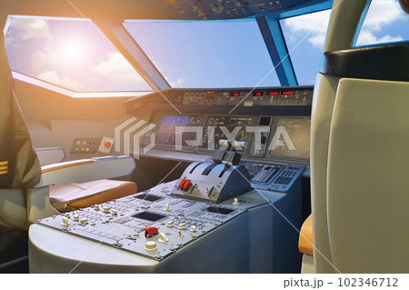 inside plane cockpit view inside airliner view flight control room in an airplane 102346712