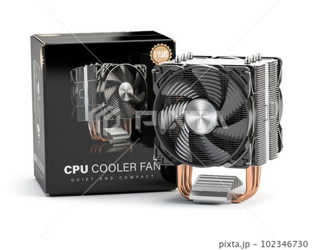 CPU cooler with heatpipes  and packing box isolated on white background. 102346730