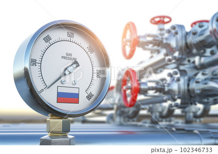 Gas pipeline with gauge with Russia flag and zero pression.. Energy crisis and sactions concept. Gas pipeline with gauge with Russia flag and zero pression.. Energy crisis and sactions concept. 102346733