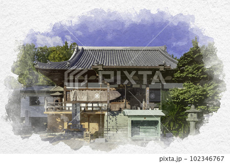 水彩画風　四国八十八箇所7番　十楽寺　本堂　徳島県阿波市 102346767