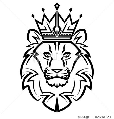 Black and white line art of the front of the lion king head with crown It is sign of leo zodiac Good use for symbol mascot icon avatar tattoo T Shirt design logo or any design 102348124