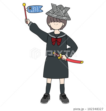 鯉のぼりを掲げる新聞のカブトと刀を持った制服の女の子 102348327