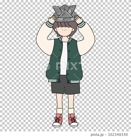新聞のカブトをかぶるスタジャンの女の子 新聞のカブトをかぶるスタジャンの女の子 102348330