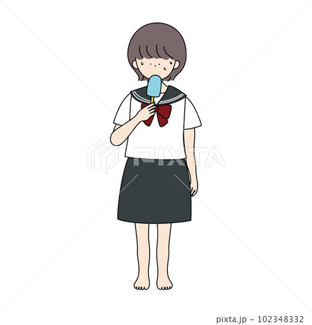 裸足でアイスクリームを食べるセーラー服の女の子 裸足でアイスクリームを食べるセーラー服の女の子 102348332