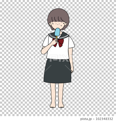 裸足でアイスクリームを食べるセーラー服の女の子 裸足でアイスクリームを食べるセーラー服の女の子 102348332
