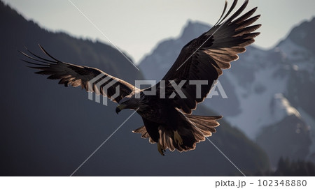 Eagle flying over mountains, huge wingspan. Generative AI 102348880