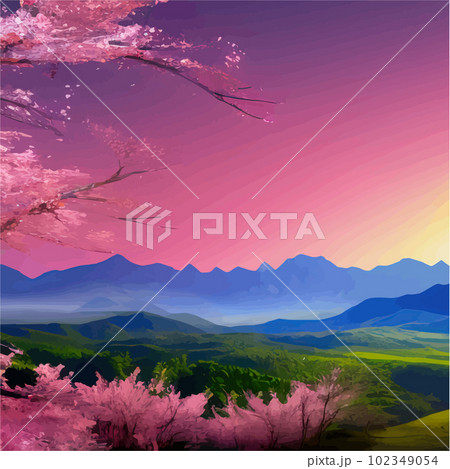 Tree pink sakura flowers, flowering branches against backdrop mountain sky Tree pink sakura flowers, flowering branches against backdrop mountain sky 102349054