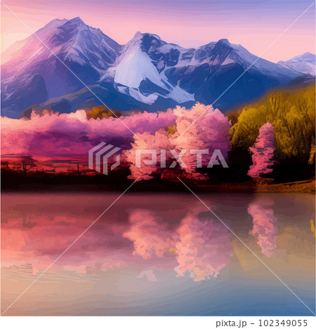 Bright morning landscape with sky. Branches flowering cherry trees against Bright morning landscape with sky. Branches flowering cherry trees against 102349055