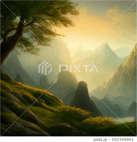 Mountains and lake Landscape. Cartoon rocky mountains, forest and river scene. Mountains and lake Landscape. Cartoon rocky mountains, forest and river scene. 102349063