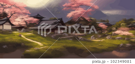 Sakura trees bloom and fuji, spring landscape, 102349081