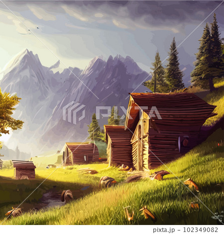 Vector illustration small hut in forest against backdrop mountains, forest Vector illustration small hut in forest against backdrop mountains, forest 102349082