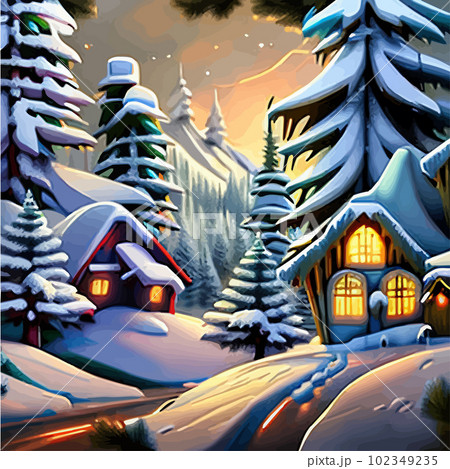 Merry Christmas and Happy New Year. Winter forest, city street with houses Merry Christmas and Happy New Year. Winter forest, city street with houses 102349235