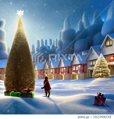 Merry Christmas and Happy New Year. Winter forest, city street with houses Merry Christmas and Happy New Year. Winter forest, city street with houses 102349238