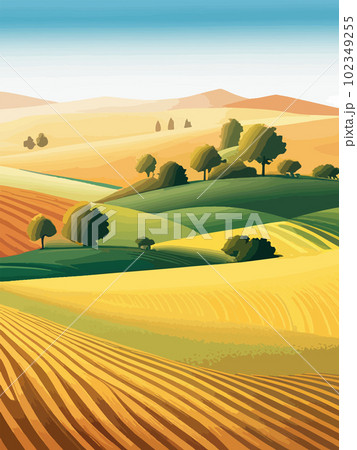Agriculture, nature and farming. Harvest, field, trees and blank vertical poster vector illustration. Farms for poster 102349255