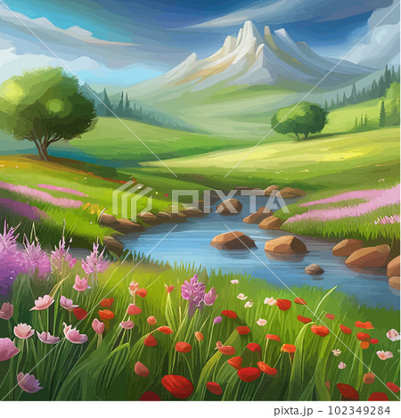 Picturesque meadow with wildflowers in bloom and mountain range in background Picturesque meadow with wildflowers in bloom and mountain range in background 102349284