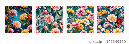 Banner pattern with spring flowers and leaves. Dark drawn background. Floral Banner pattern with spring flowers and leaves. Dark drawn background. Floral 102349320