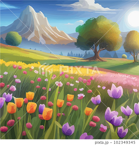 Picturesque meadow with wildflowers in bloom and mountain range in background 102349345