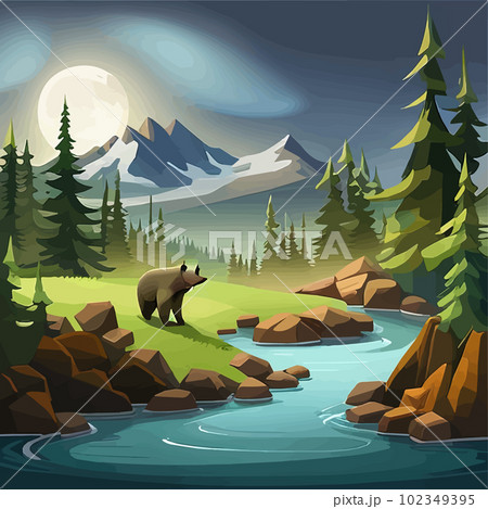 Vector illustration brown bear standing by a river in forest with mountains Vector illustration brown bear standing by a river in forest with mountains 102349395