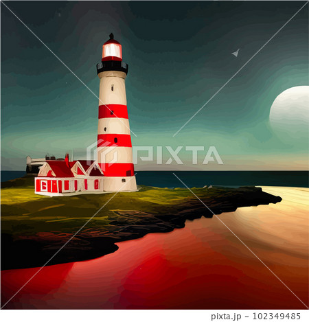 Lighthouse by sea. Tall building on hill and beautiful scenery. Romantic place Lighthouse by sea. Tall building on hill and beautiful scenery. Romantic place 102349485