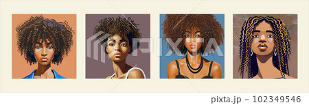 Afro woman, American african woman, Black woman Curly hair makeup and earring Afro woman, American african woman, Black woman Curly hair makeup and earring 102349546