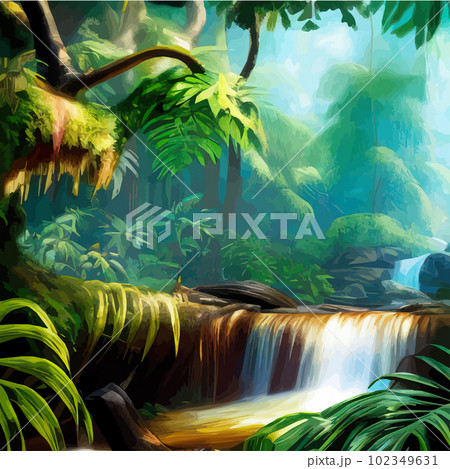 Tropical forest. Landscape with waterfall and river with tree trunks and green 102349631