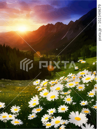 Spring landscape poppy field on background mountains with. Sunset sky, wildlife 102349679